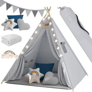 Dětský stan teepee JULIUS, 120x120x160cm, šedá/modrá Dětský stan teepee JULIUS, 120x120x160cm, šedá/modrá